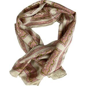 Vintage Echo Silk Scarf Hand Rolled Pink Green Tan Rectangular